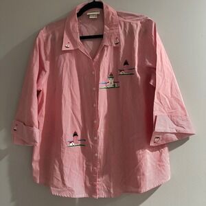 LASOLAS Women's Red White Stripe Lighthouse Sailboat Embroidered Button Up Top